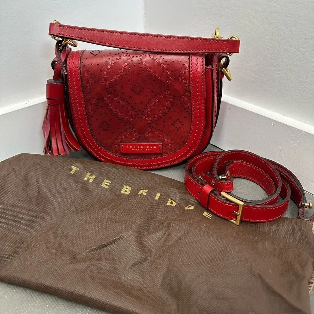 THE BRIDGE Firenze Pearldistrict Red Perforated Leather Tassel Crossbody Bag